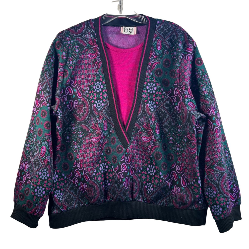 CRICKET LANE Women's Vintage Paisley Knit Sweater Top Pink Green Black Size XL‎